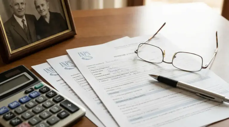 Moduli INPS su una scrivania con penna, occhiali e calcolatrice, per la domanda di pensione di reversibilità