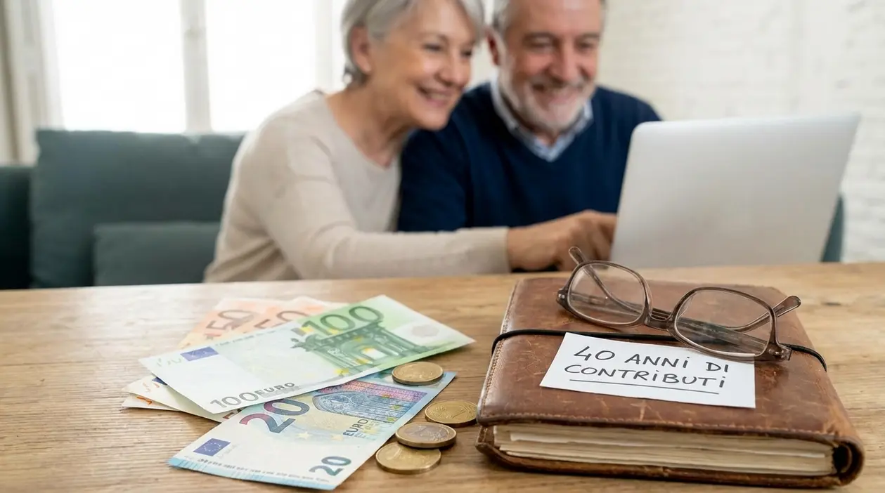 Coppia anziana al computer con euro, quaderno e occhiali, immagine sul tema pensione minima dopo 40 anni di lavoro