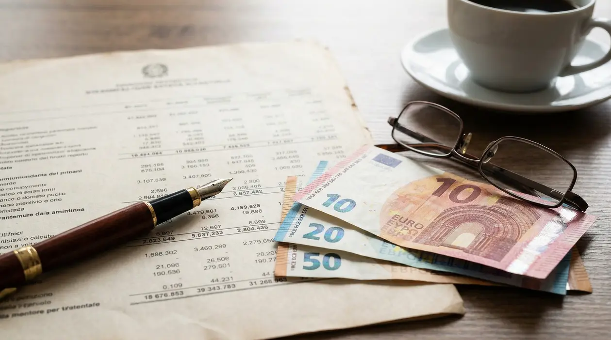 Banconote in euro, occhiali e penna su un documento contabile su scrivania, tema pensione minima e importo mensile