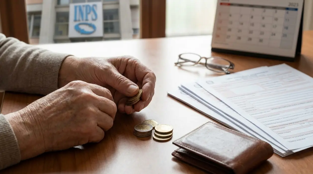 Persona anziana conta monete su un tavolo con documenti e logo INPS sullo sfondo