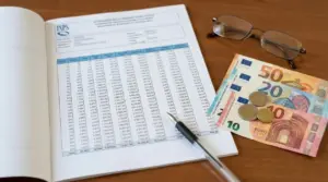 Documento INPS con tabella, penna, occhiali e banconote in euro su un tavolo, tema pensioni statali rivalutate