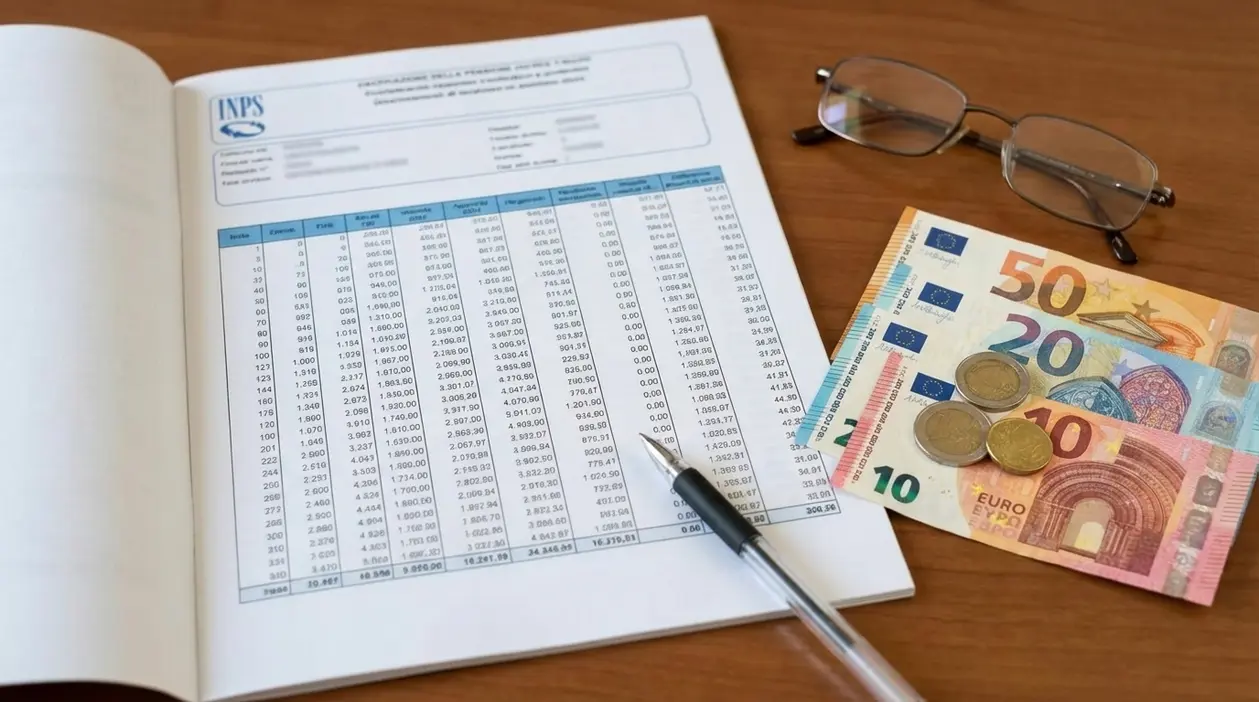 Documento INPS con tabella, penna, occhiali e banconote in euro su un tavolo, tema pensioni statali rivalutate