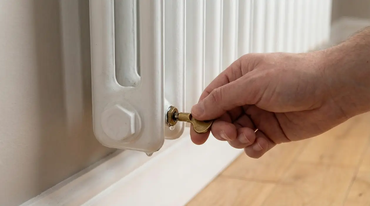 Una mano usa una chiave per sfiatare un termosifone domestico bianco