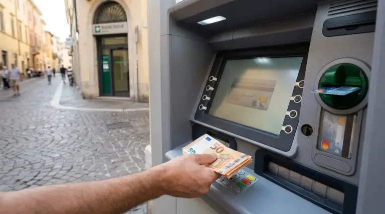 Persona preleva banconote da un bancomat davanti a una banca, immagine sul pignoramento del conto corrente