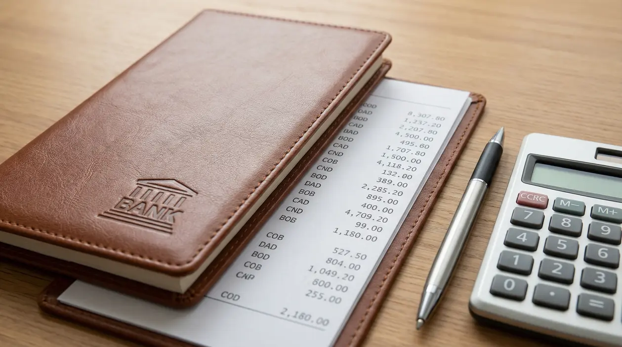 Libretto bancario in pelle su estratto conto, con penna e calcolatrice su scrivania in legno