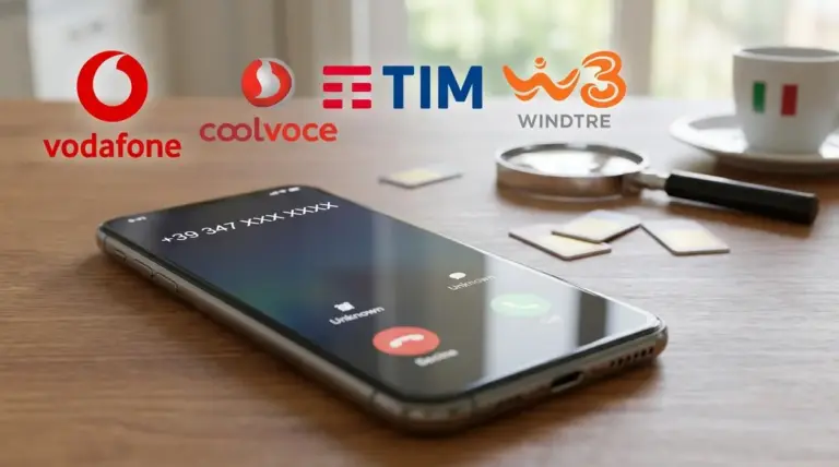 Smartphone con chiamata da numero che inizia per 347 su un tavolo, con SIM e lente d’ingrandimento