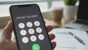 Mano che tiene uno smartphone con tastierino di chiamata e prefisso internazionale +39 per numero di cellulare