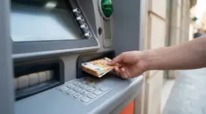 Una mano prende banconote da uno sportello bancomat in una strada cittadina