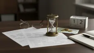 Clessidra su documenti fiscali con monete e calendario da tavolo, simbolo dei tempi di prescrizione delle cartelle IMU
