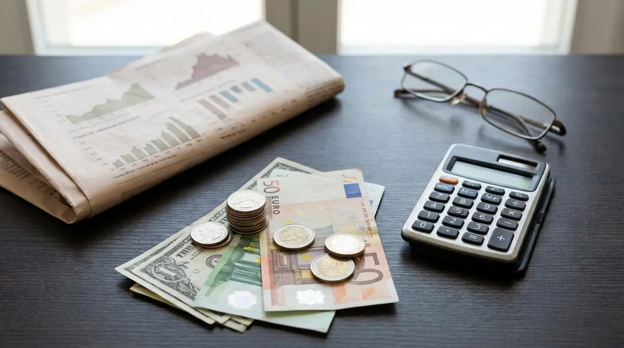 Banconote in euro e dollari con monete e calcolatrice su una scrivania, accanto a grafici finanziari