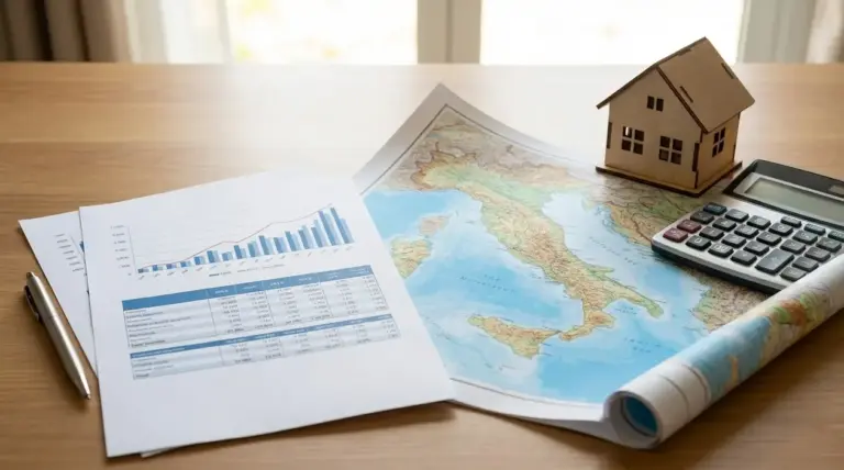Documenti con grafici, mappa dell’Italia, modellino di casa e calcolatrice su un tavolo per analisi del mercato immobiliare