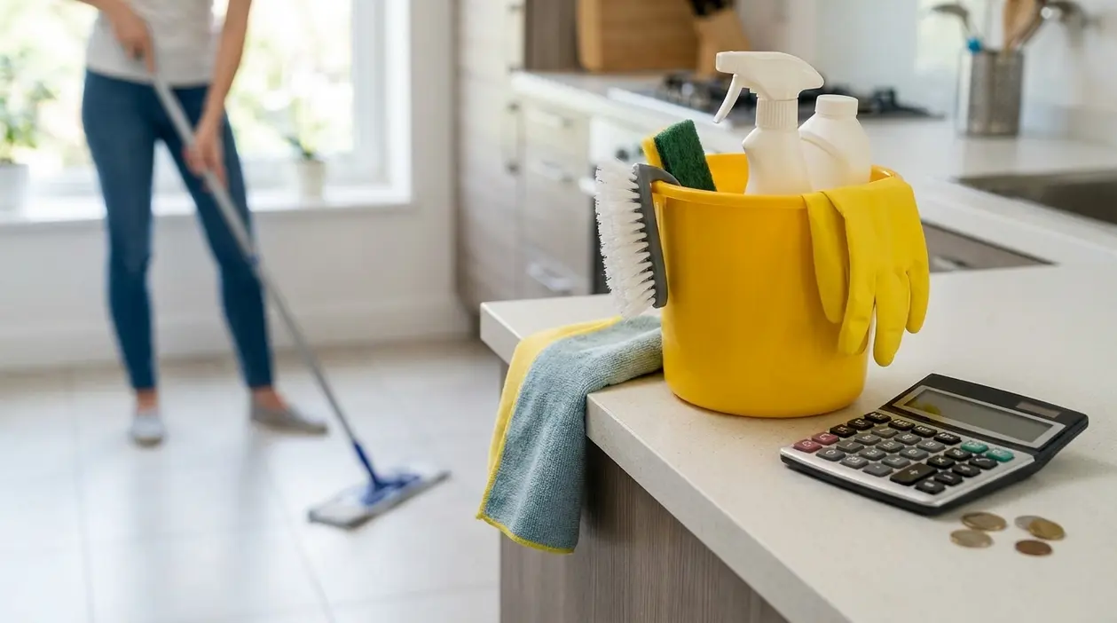 Secchio con prodotti per pulizie, calcolatrice e monete in cucina mentre una persona lava il pavimento