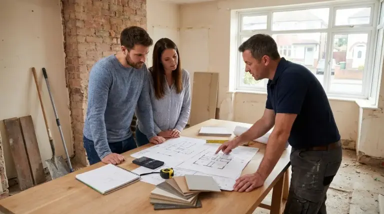 Coppia e tecnico esaminano planimetrie e preventivo su un tavolo in un appartamento in ristrutturazione