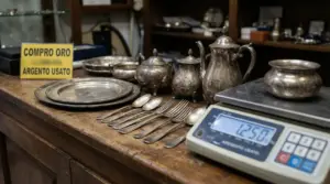 Argento usato su un banco di compro oro con bilancia digitale, piatti, posate e teiere da pesare