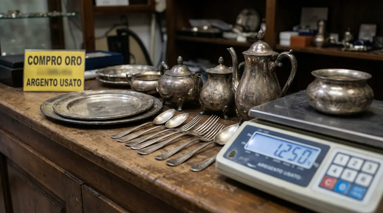 Argento usato su un banco di compro oro con bilancia digitale, piatti, posate e teiere da pesare