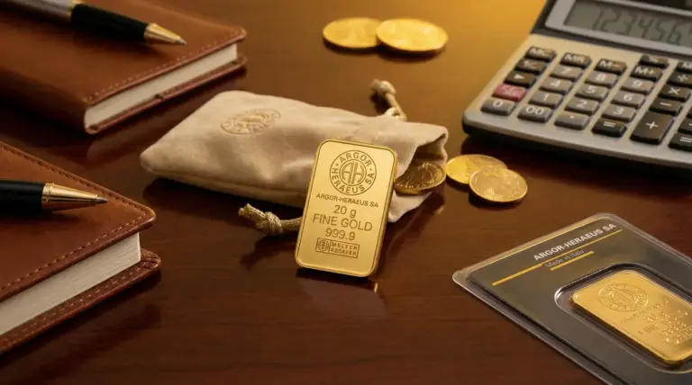 Lingotto d’oro da 20 grammi su scrivania con monete, calcolatrice e taccuini, per valutare prezzo e convenienza