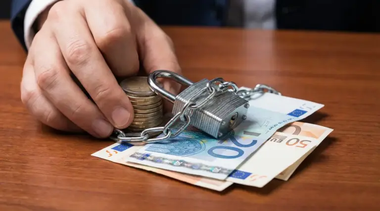 Mano che protegge monete e banconote in euro con catena e lucchetti, simbolo di tutela dei risparmi
