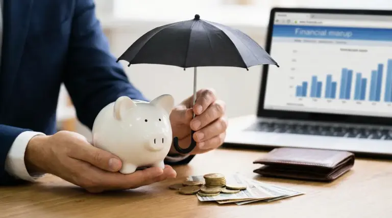 Persona in giacca che protegge un salvadanaio con un ombrello, con monete e banconote su una scrivania