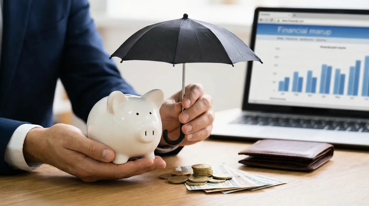 Persona in giacca che protegge un salvadanaio con un ombrello, con monete e banconote su una scrivania