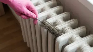 Mano con guanto rosa pulisce termosifone in ghisa polveroso con una spazzola