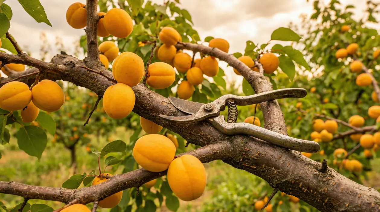 Ramo di albicocco carico di frutti maturi con forbici da potatura appoggiate