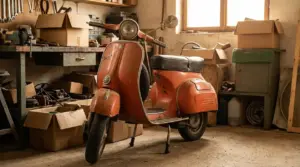 Vespa d’epoca arancione parcheggiata in un garage officina tra scatole e attrezzi