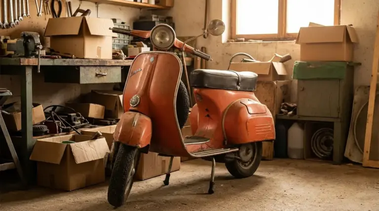 Vespa d’epoca arancione parcheggiata in un garage officina tra scatole e attrezzi