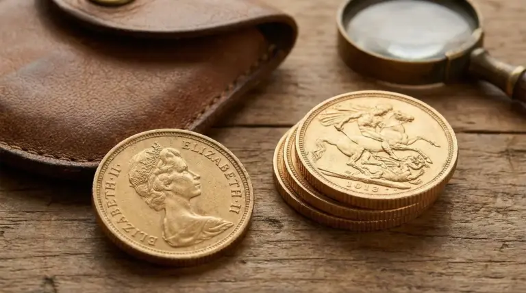 Vecchie sterline d’oro su un tavolo di legno accanto a una custodia in pelle e una lente d’ingrandimento