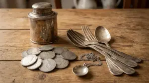 Vecchi oggetti in argento usato su un tavolo di legno: posate, monete, catenina e contenitore metallico