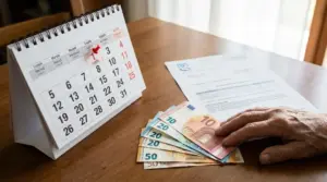 Calendario di luglio, mano anziana con banconote in euro e documento INPS su un tavolo