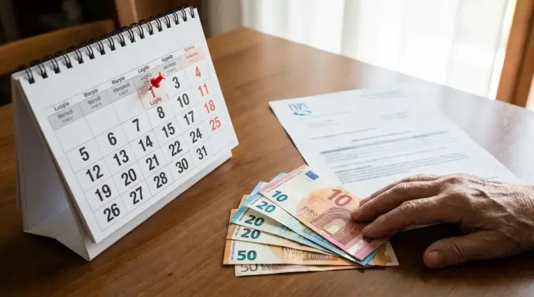 Calendario di luglio, mano anziana con banconote in euro e documento INPS su un tavolo