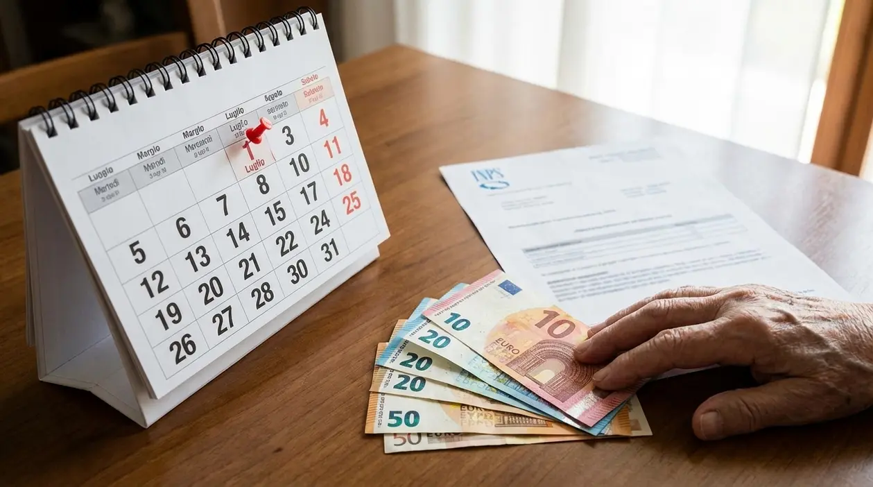 Calendario di luglio, mano anziana con banconote in euro e documento INPS su un tavolo