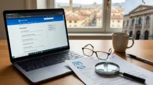 Laptop con portale del Governo e modulo INPS su scrivania, con lente d’ingrandimento e tazza di caffè