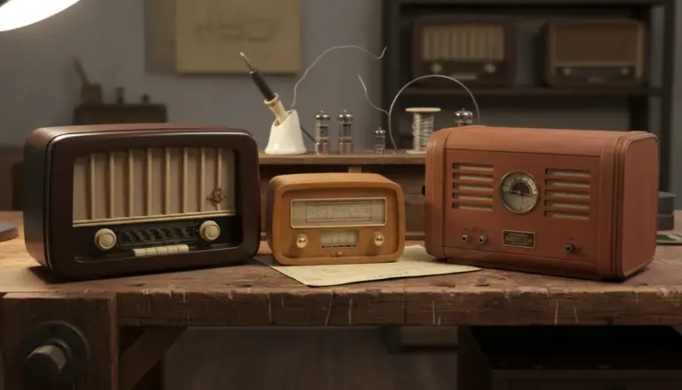 Tre radio a valvole vintage su un banco da lavoro, con valvole elettroniche e attrezzi sullo sfondo