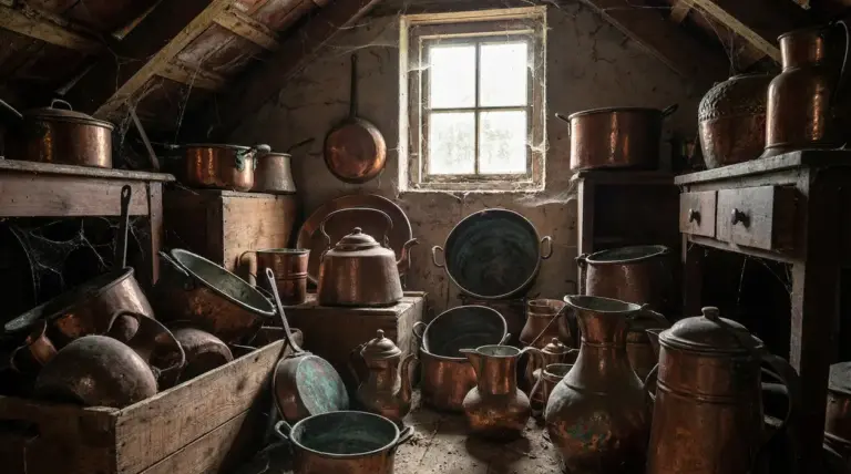 Vecchie pentole, brocche e utensili in rame impolverati in una soffitta, con luce dalla finestra