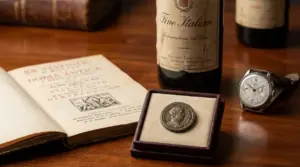 Moneta antica in astuccio accanto a libro d’epoca, bottiglia di vino e orologio su tavolo in legno