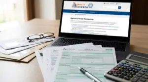 Portatile con sito dell’Agenzia Entrate Riscossione, moduli fiscali e calcolatrice su una scrivania