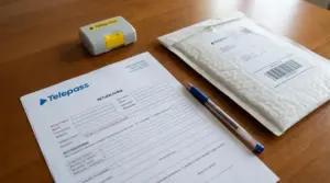 Modulo di restituzione Telepass con dispositivo, penna e busta per il reso su un tavolo