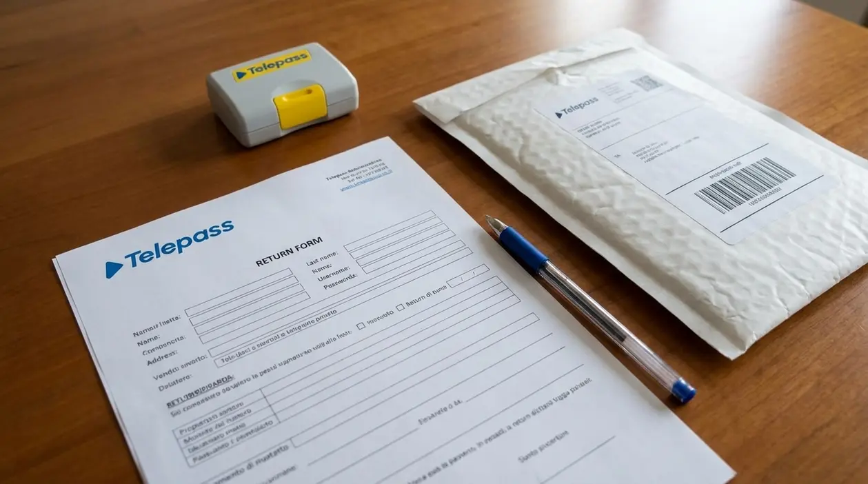 Modulo di restituzione Telepass con dispositivo, penna e busta per il reso su un tavolo