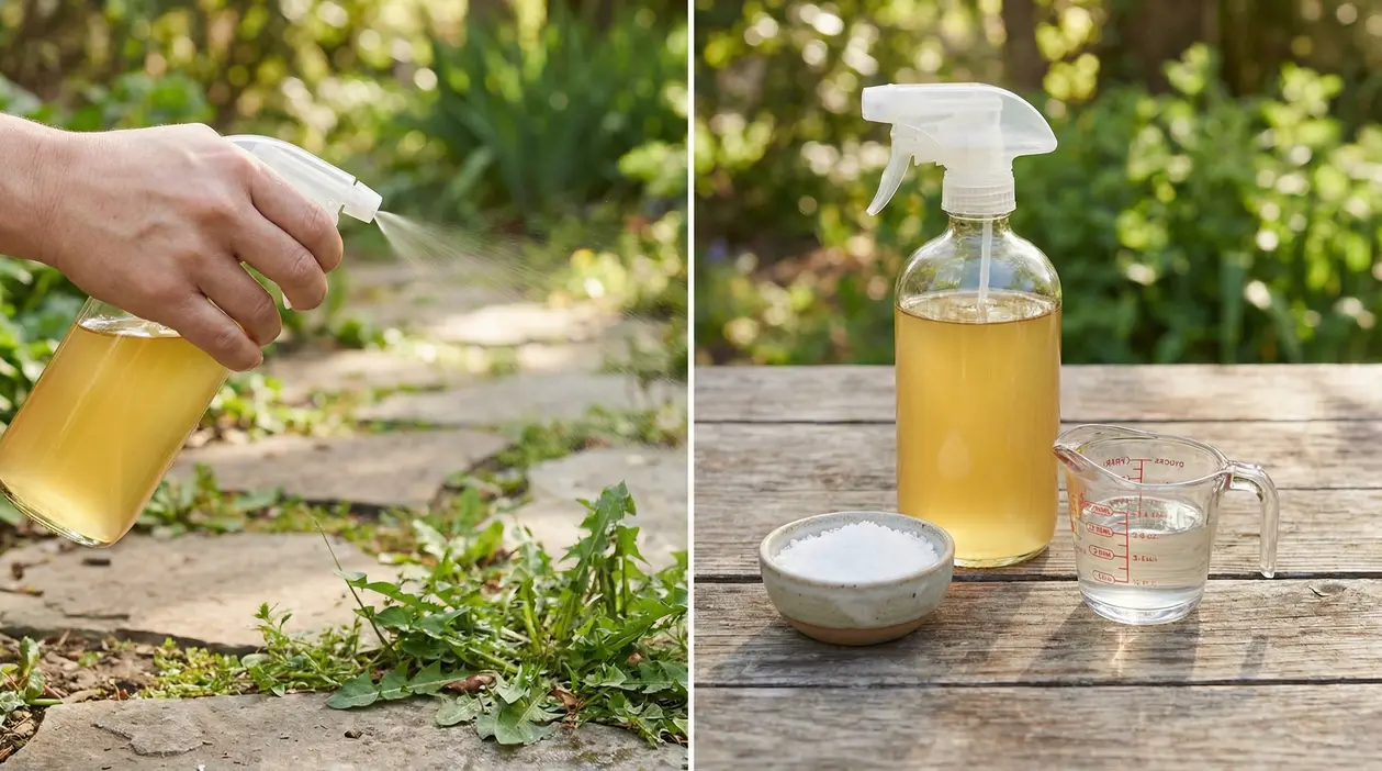 Spray naturale fatto in casa applicato sulle erbacce e ingredienti su un tavolo all'aperto