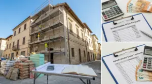 Cantiere per rifacimento facciata condominiale con ponteggi, operai al lavoro e documenti per ripartizione spese