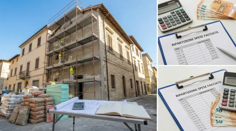 Cantiere per rifacimento facciata condominiale con ponteggi, operai al lavoro e documenti per ripartizione spese