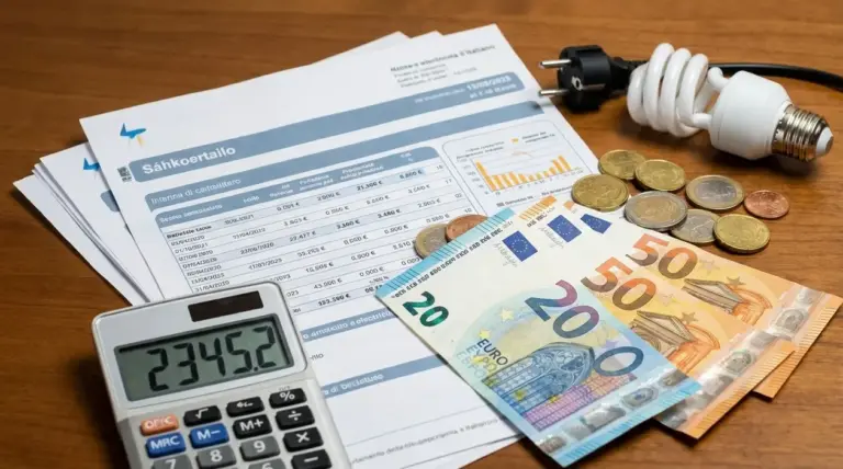 Bollette luce, calcolatrice, lampadina a basso consumo e soldi su un tavolo