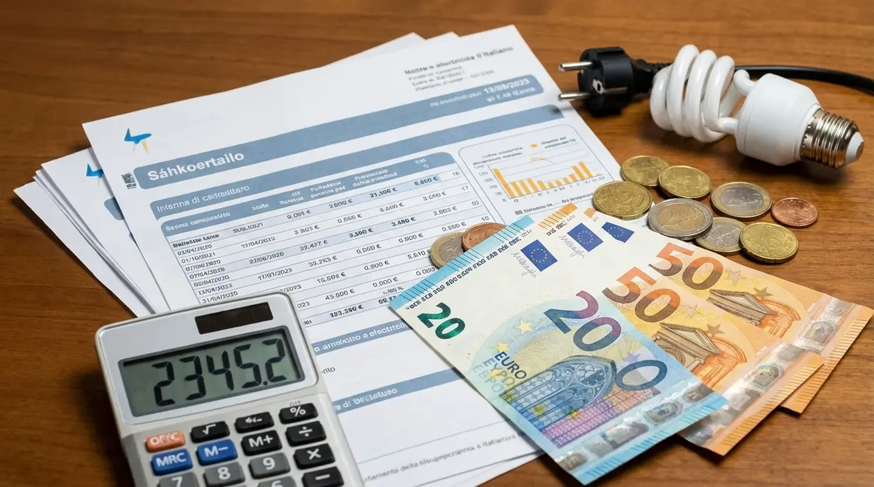 Bollette luce, calcolatrice, lampadina a basso consumo e soldi su un tavolo