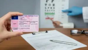 Mano che mostra una patente mentre un medico indica una tabella optometrica durante visita per rinnovo