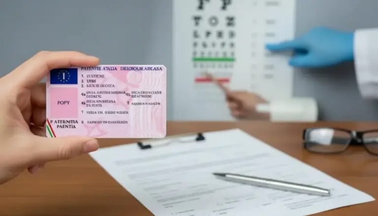 Mano che mostra una patente mentre un medico indica una tabella optometrica durante visita per rinnovo