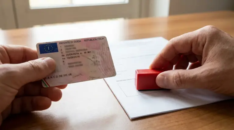 Mani che tengono una patente di guida italiana e un timbro su documenti per il rinnovo