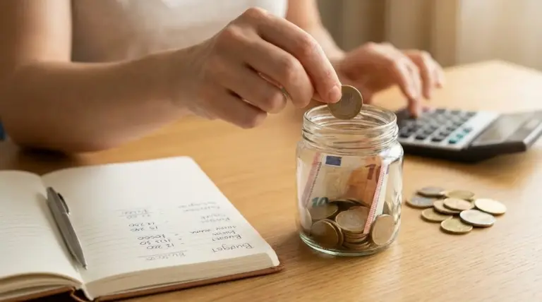 Persona che mette una moneta in un barattolo con risparmi, accanto a quaderno del budget e calcolatrice