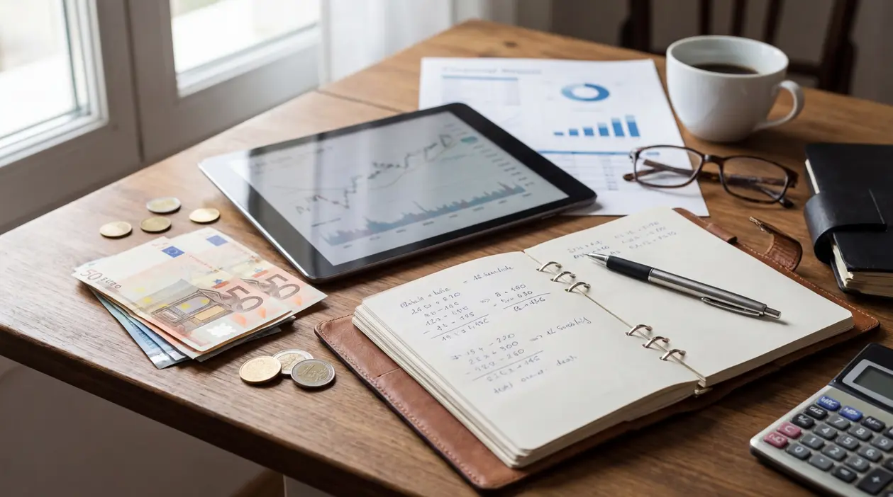 Scrivania con banconote in euro, tablet con grafico finanziario, taccuino e calcolatrice per analisi del risparmio