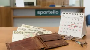 Vecchie banconote in lire italiane accanto a un portafoglio e a un calendario con data cerchiata allo sportello